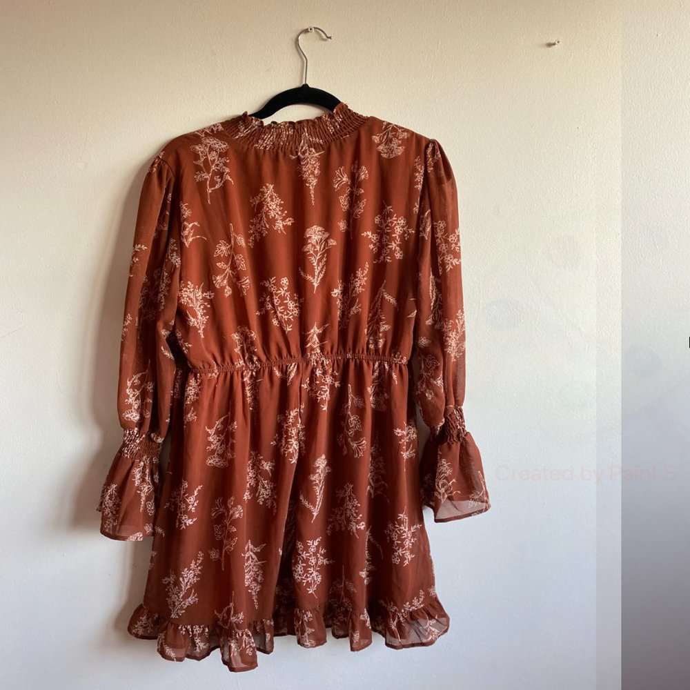 Plants Print Shirred Lettuce Frill A-line Dress